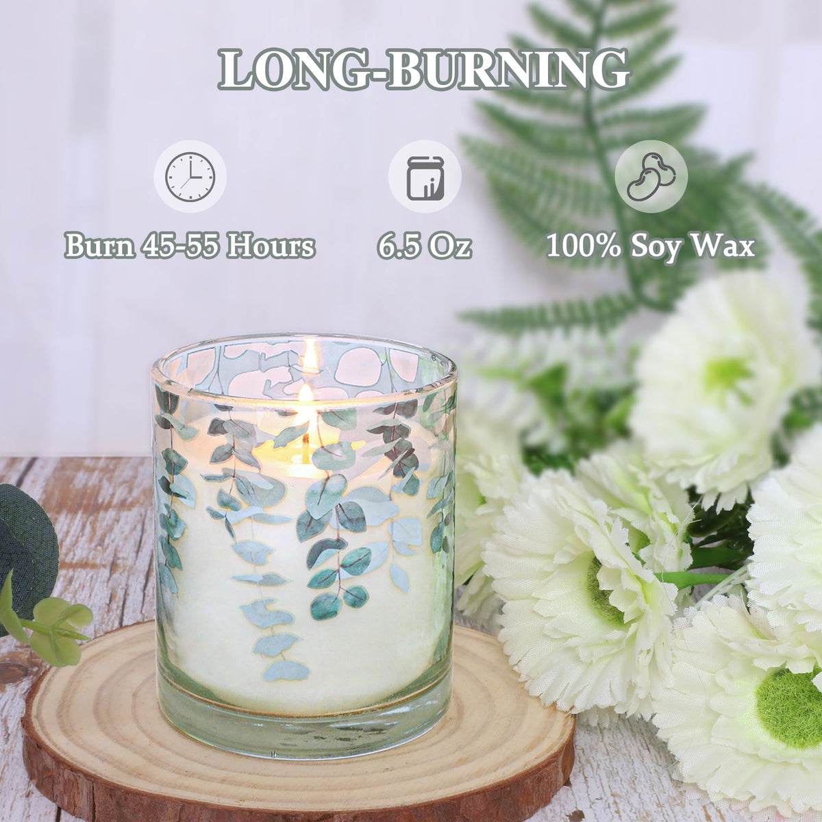 GORGE MOMENT Eucalyptus Scented Candles – 6.5oz Set of 3, Green Glass with Eucalyptus Leaf Design