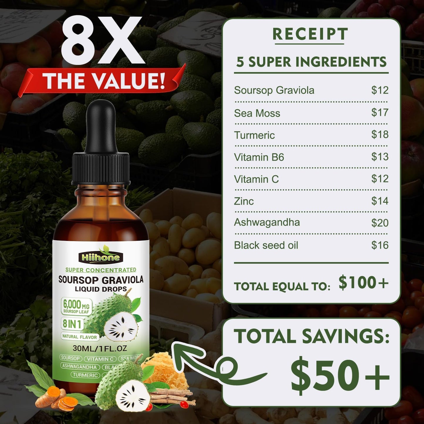(2 Pack) 8-in-1 Graviola Soursop Liquid – Immune & Liver Support, Sea Moss, Ashwagandha, Turmeric | 1 Fl Oz