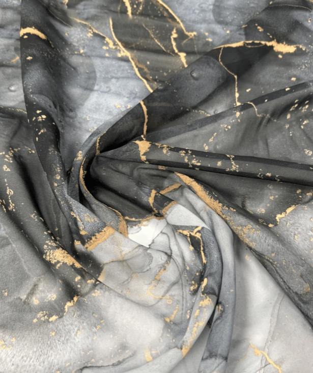 Gray Tie Dye Fabric with Gold Accents by the Metre