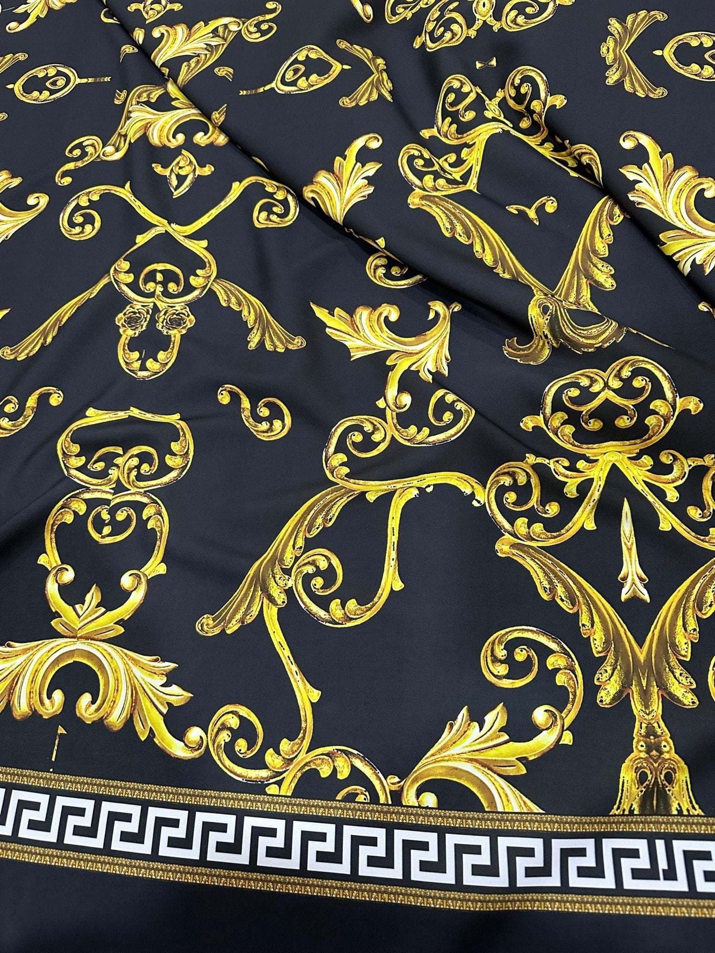 Black Gold Greek Key Fabric – Custom Printed Fabric, Choose Material by Metre