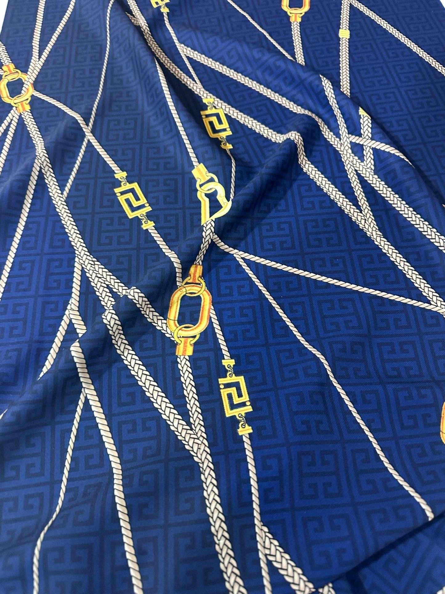 Navy Blue Greek Key Chain Fabric Sold by Metre