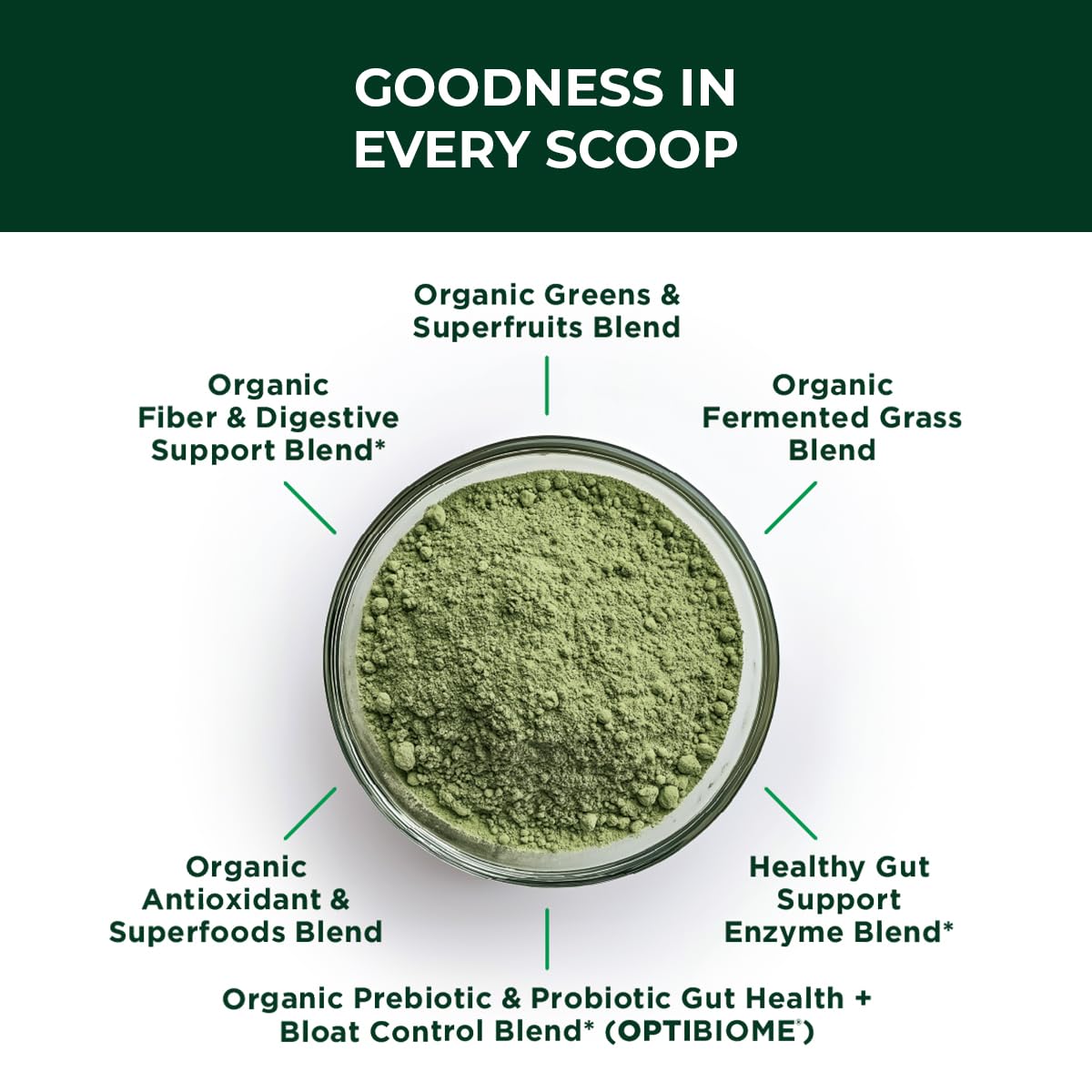 Green Biome Elite Organic Greens + OptiBiome Probiotic | Bloat Relief, Digestive Comfort, Regularity | Vegan, Gluten Free | Apple Flavor | 30 Servings
