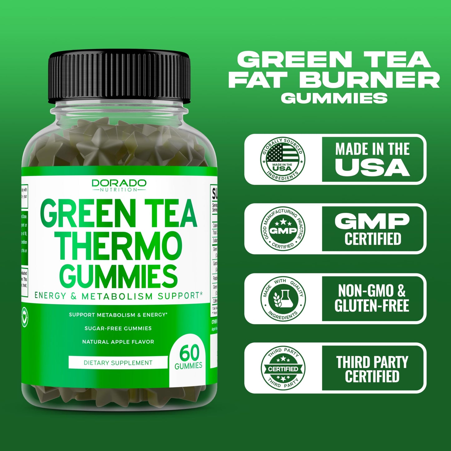 Green Tea Fat Burner Gummies (60 Count) – Apple Flavor – Weight Loss & Appetite Suppressant – USA Made