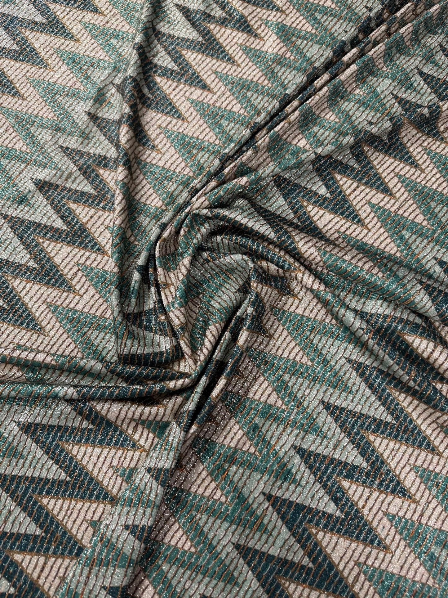 Green Zigzag Pattern Gold Lurex Fabric by the Metre