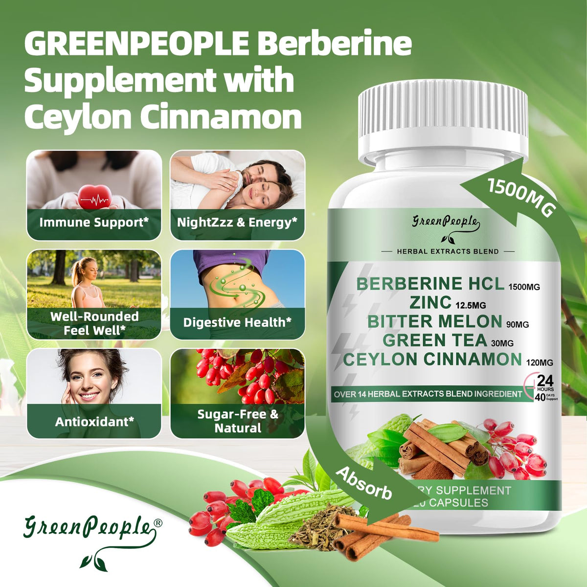 GREENPEOPLE Berberine with Cinnamon – 2 Pack, 120-Count