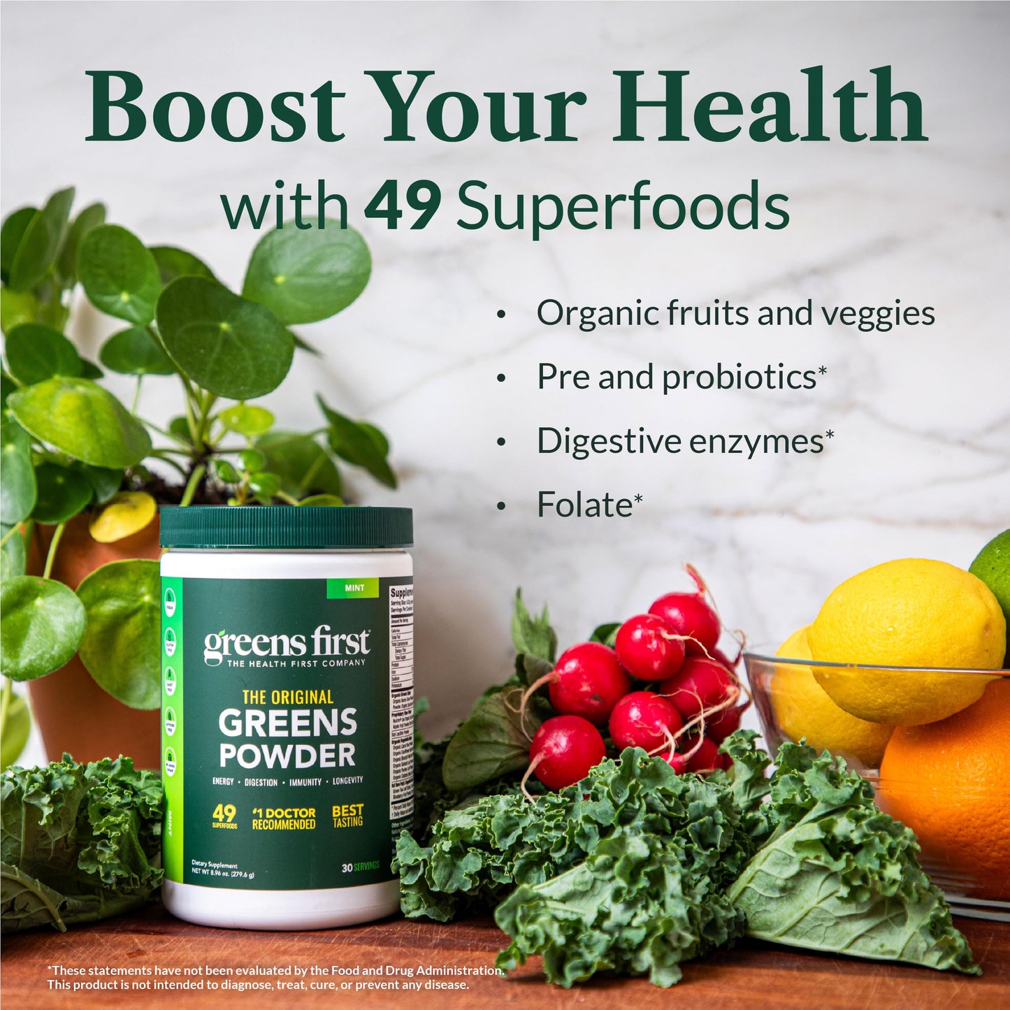 Greens First Original Greens Powder - 49 Superfoods, Prebiotics & Probiotics, Citrus, 30 Servings