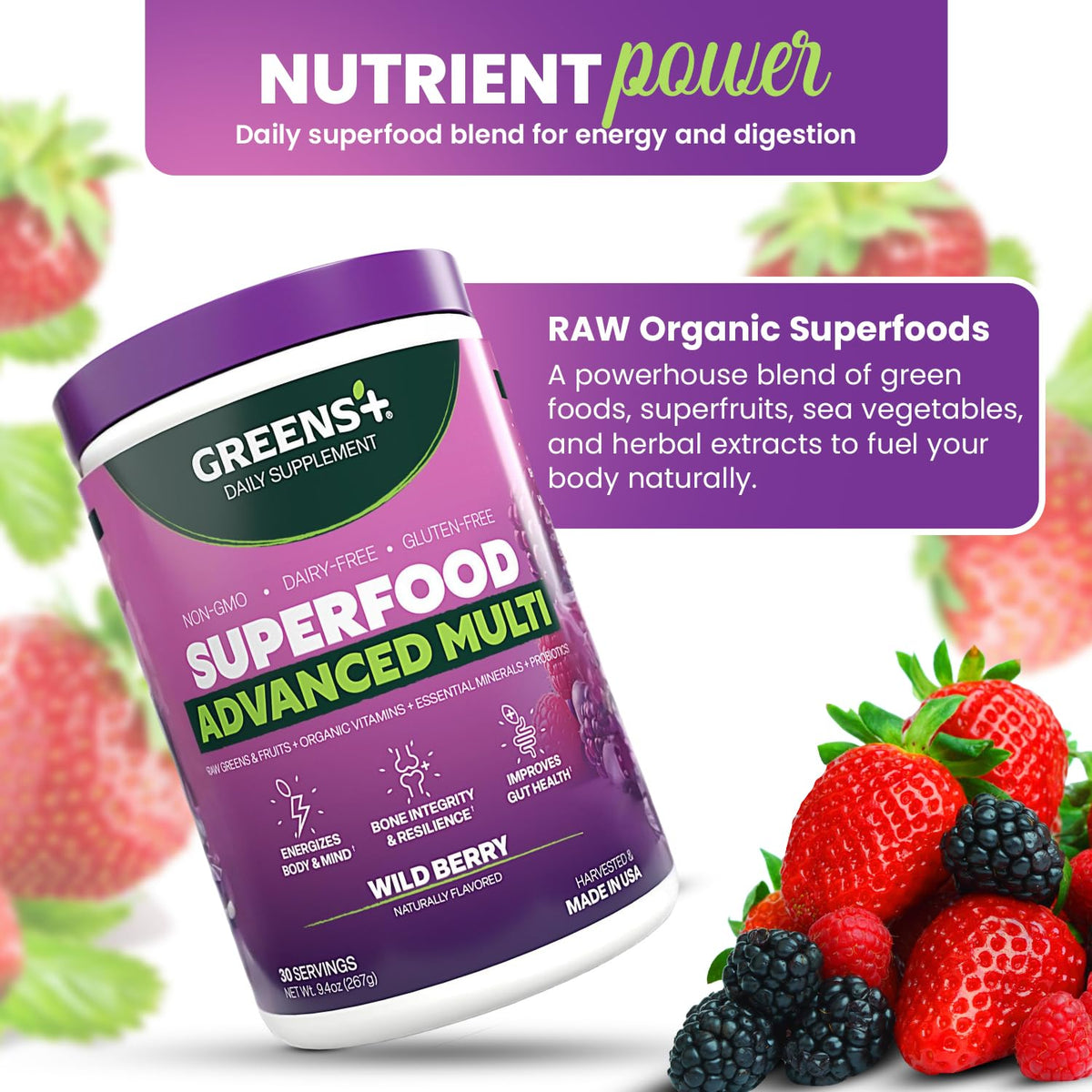 Greens+ Advanced Multi Wild Berry Superfood Powder – Organic, Vegan, Non-GMO (9.4 oz)