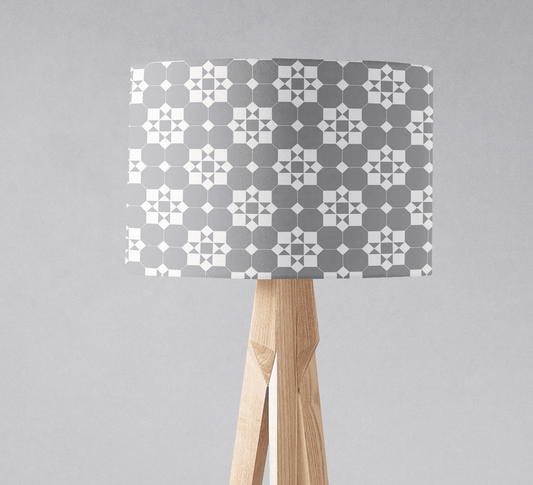 Grey and White Drum Lampshade, Victorian Tiles Design Shade for Table, Floor or Ceiling Pendant Light