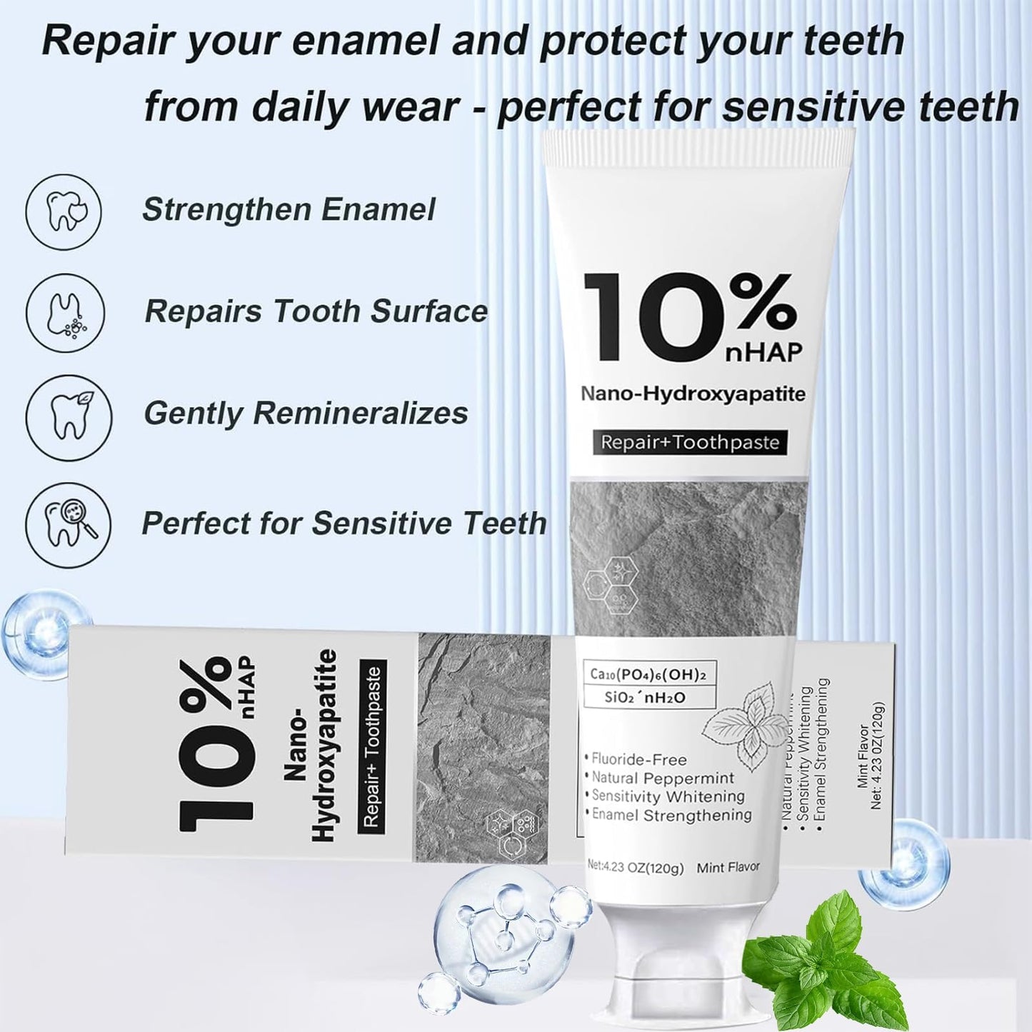 10% Nano Hydroxyapatite Toothpaste – Enamel Repair, Teeth Strengthening, Fluoride Free (4.23 oz) - Gentle Mint