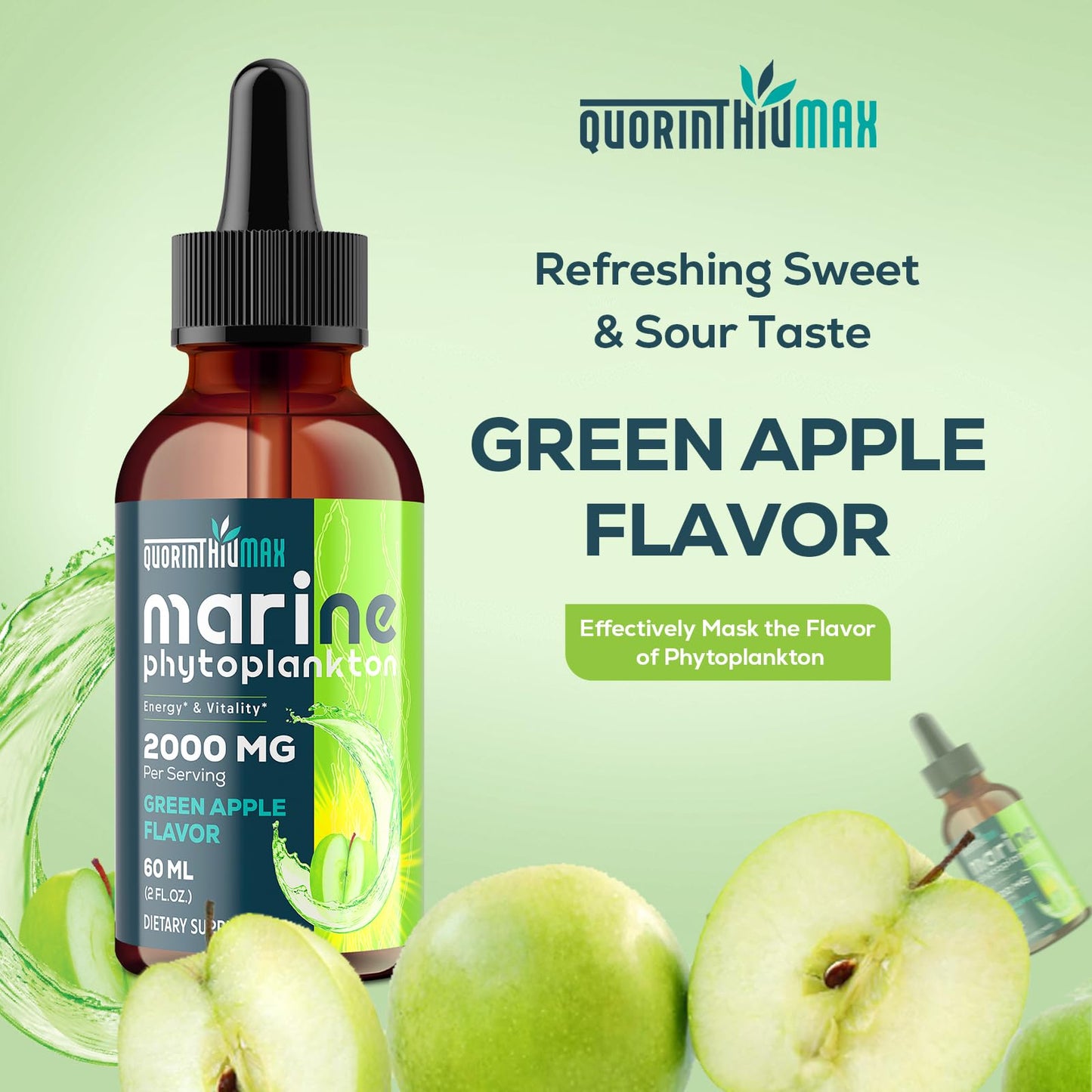 Marine Phytoplankton Drops 2000mg – High Absorption Phytoplankton with Wheatgrass & Fo-ti | Hair Growth, Immunity & Energy | Green Apple Flavor, 2 fl oz (Pack of 1)
