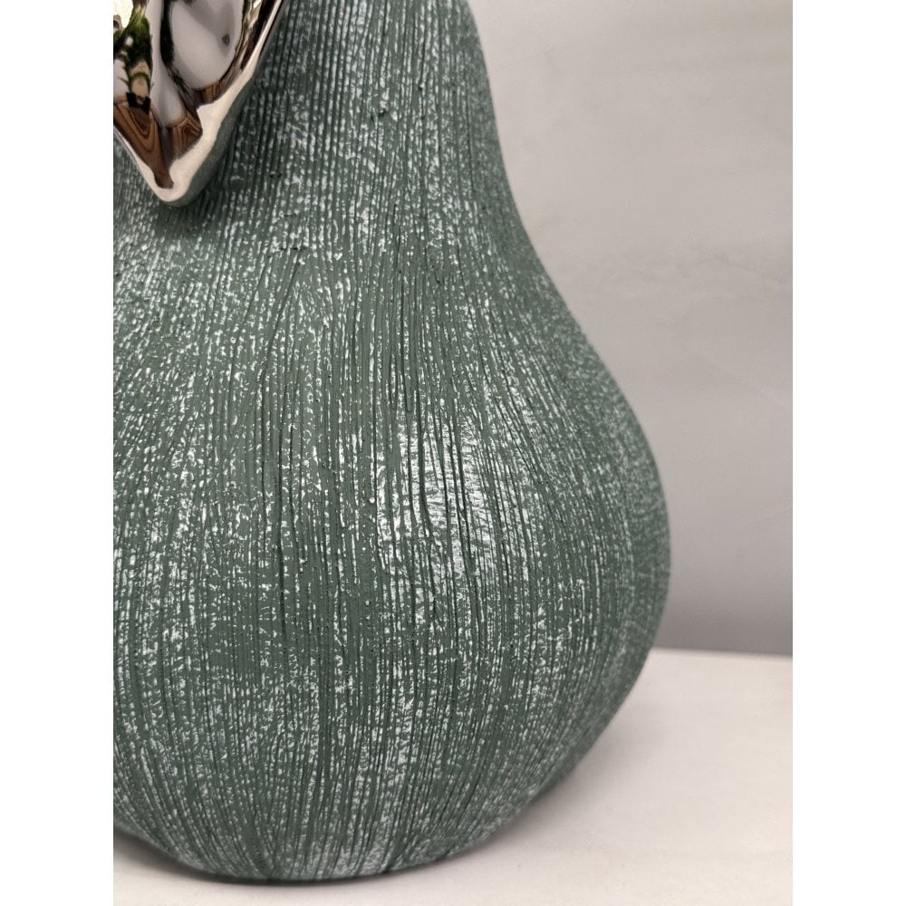 Hand-Cast Ceramic Giant Pear Sculpture - Green Textured Finish with Silver Glazed Leaf