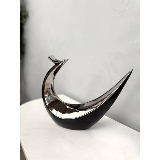 Hand Casted Ceramic Abstract Bird Sculpture - Black & Silver Glossy Finish