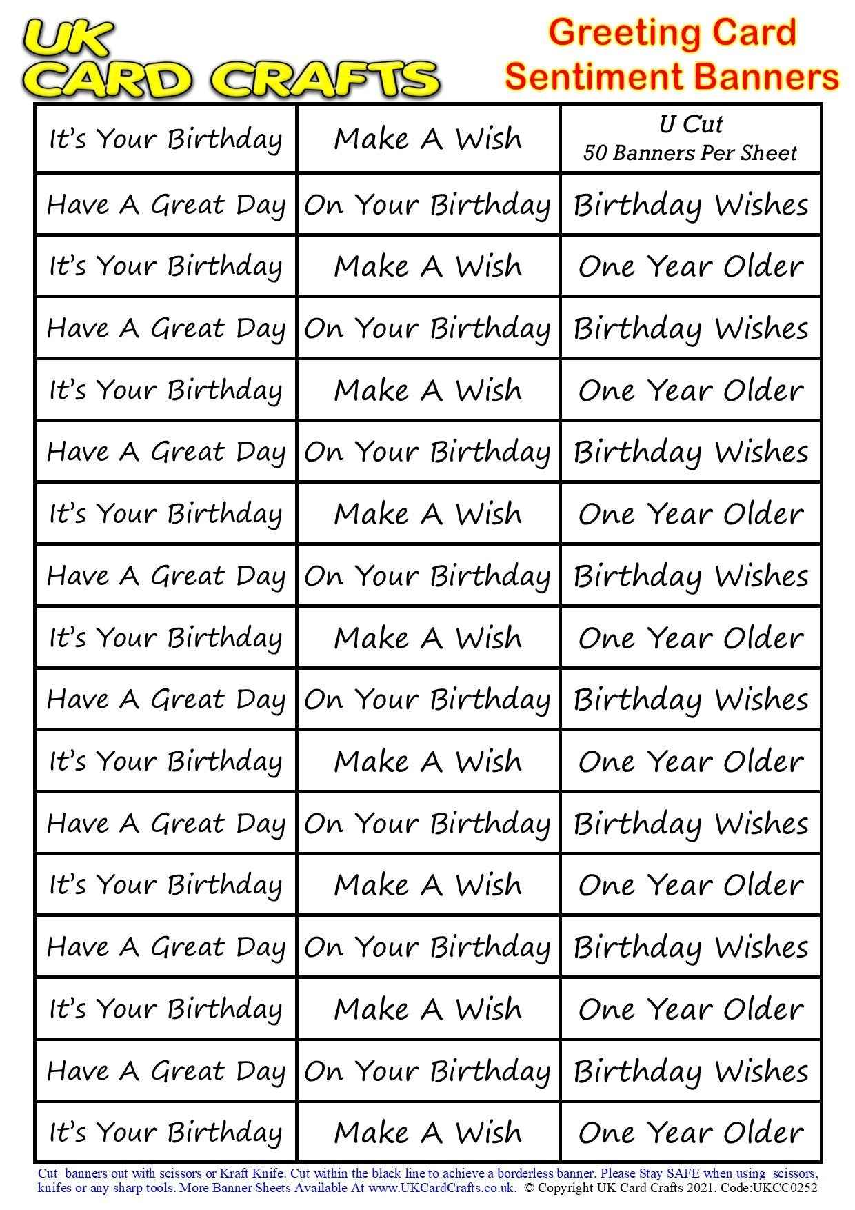 5 x A4 Sheets – 250 General Birthday Sentiment Banners – U Cut by UK Card Crafts