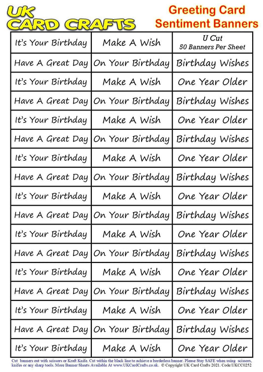 5 x A4 Sheets – 250 General Birthday Sentiment Banners – U Cut by UK Card Crafts