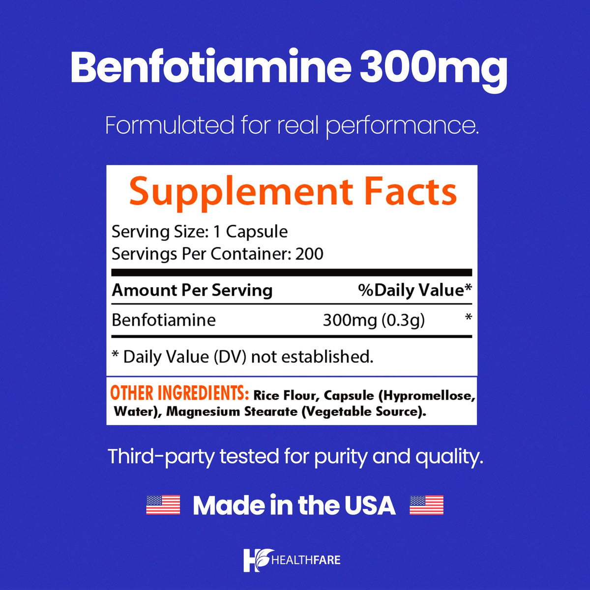 Healthfare Benfotiamine 300mg – 200 Veg Capsules | Enhanced Absorption