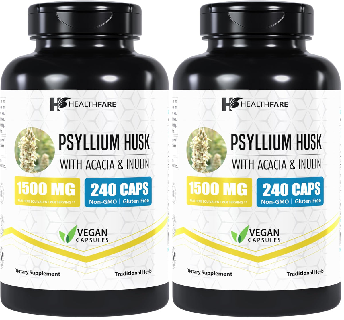 Healthfare Psyllium Husk Capsules 1500mg – 240 Veg Caps – Gluten-Free & Non-GMO Pack of 2