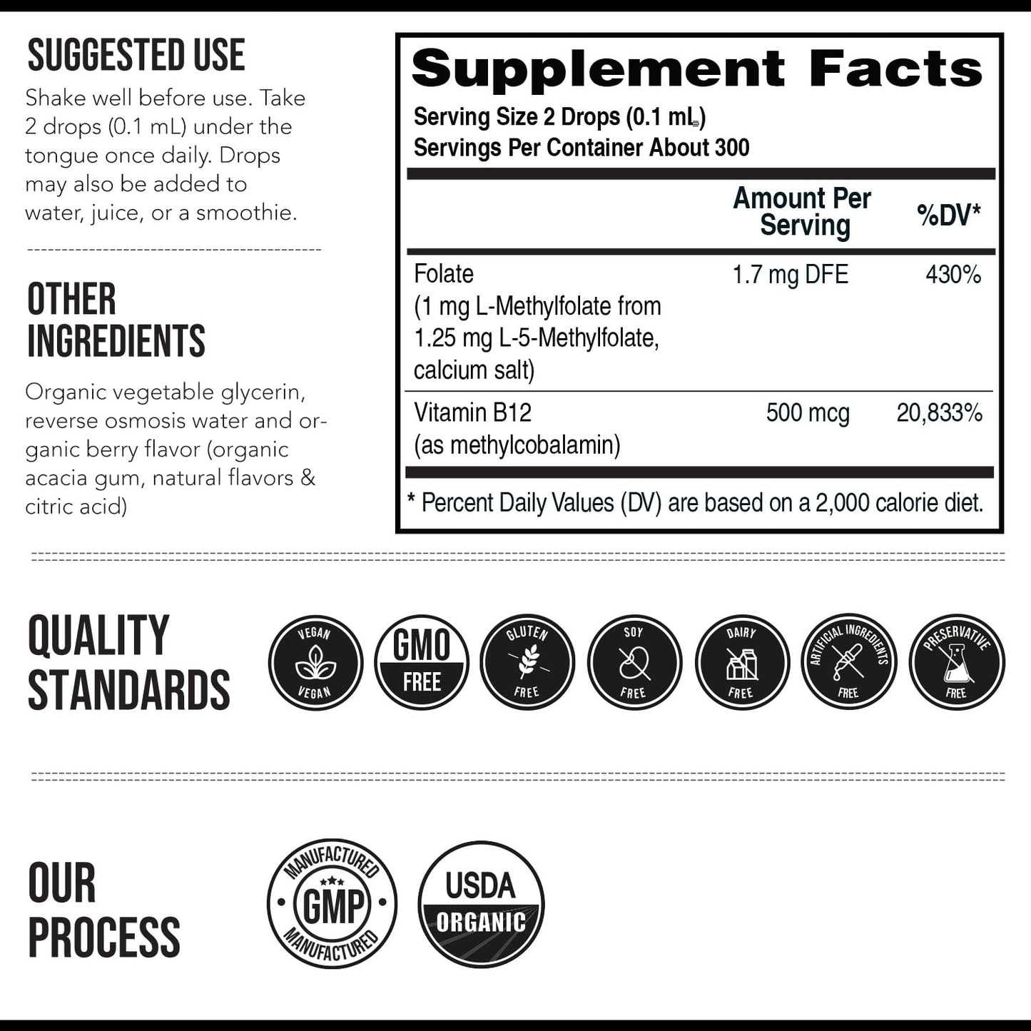 Organic Methyl Folate 1000 mcg + Methyl B12 Cofactor | Sublingual Berry Liquid (1oz) | 300 Servings | 5-MTHF