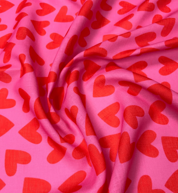 Red Heart Print Pink Fabric by the Metre