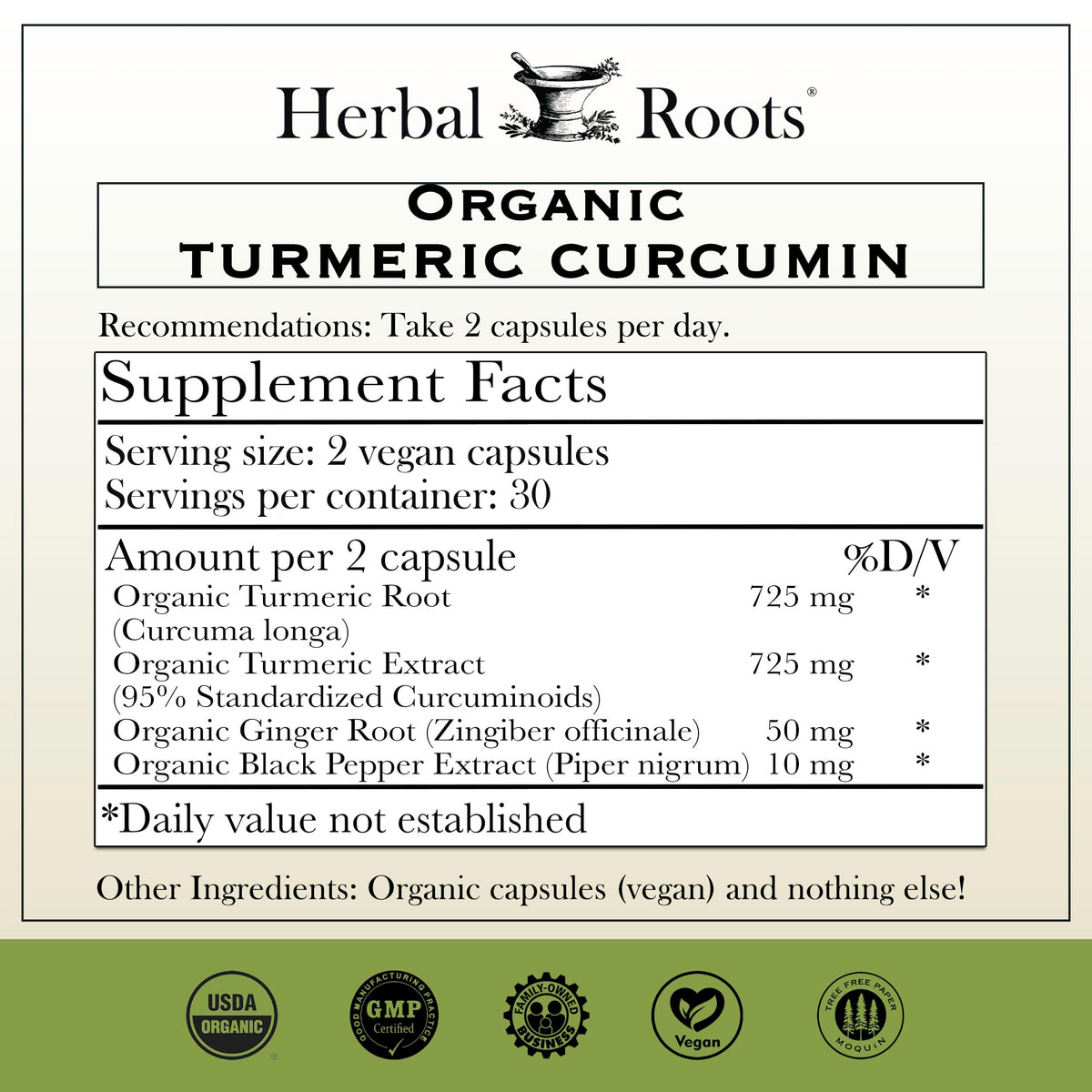Herbal Roots - Turmeric Curcumin Capsules - Extra Strength - 1000mg Pure Organic Turmeric Supplement, 95% Standardized Curcumin Extract with BioPerine Pepper and Ginger