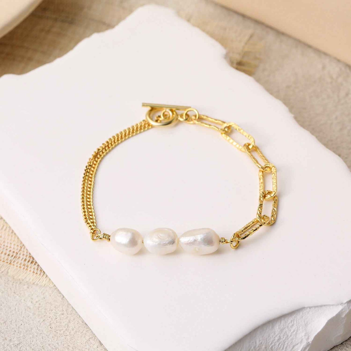 Asymmetry Hollow Chain Baroque Natural Pearl Bracelet - Gold-Plated Silver Pearl Bracelet for women - Perfect Pearl Bracelet with Gift Wrapping Included