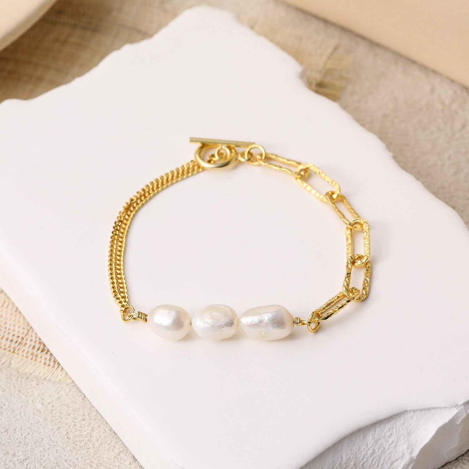 Asymmetry Hollow Chain Baroque Natural Pearl Bracelet - Gold-Plated Silver Pearl Bracelet for women - Perfect Pearl Bracelet with Gift Wrapping Included