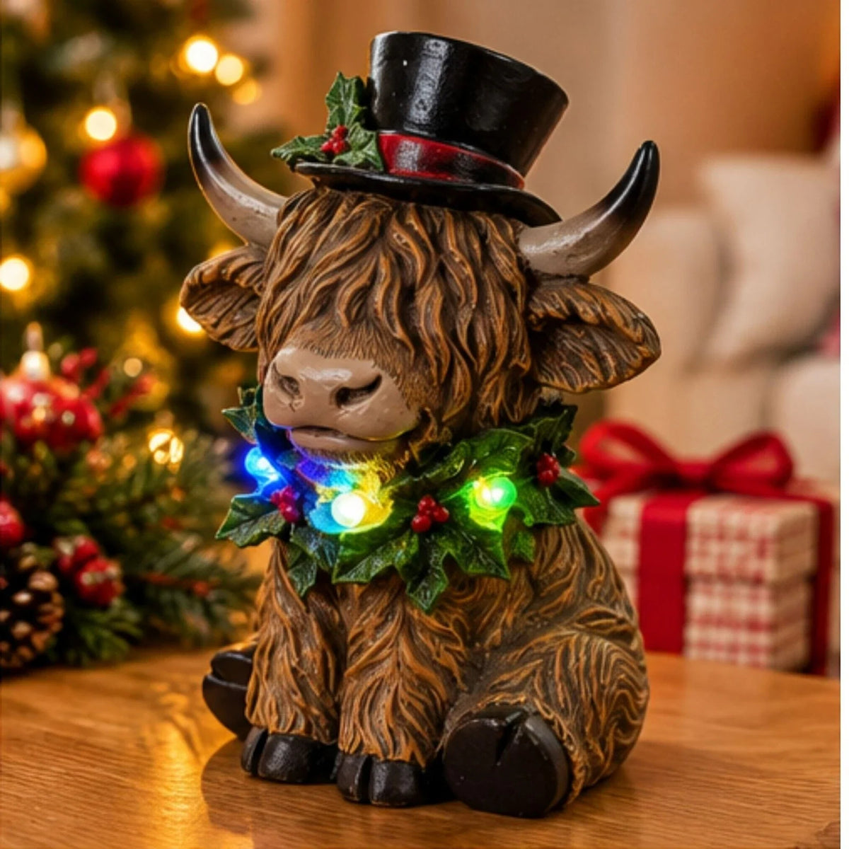 Christmas Highland Cow Ornament with LED Lights