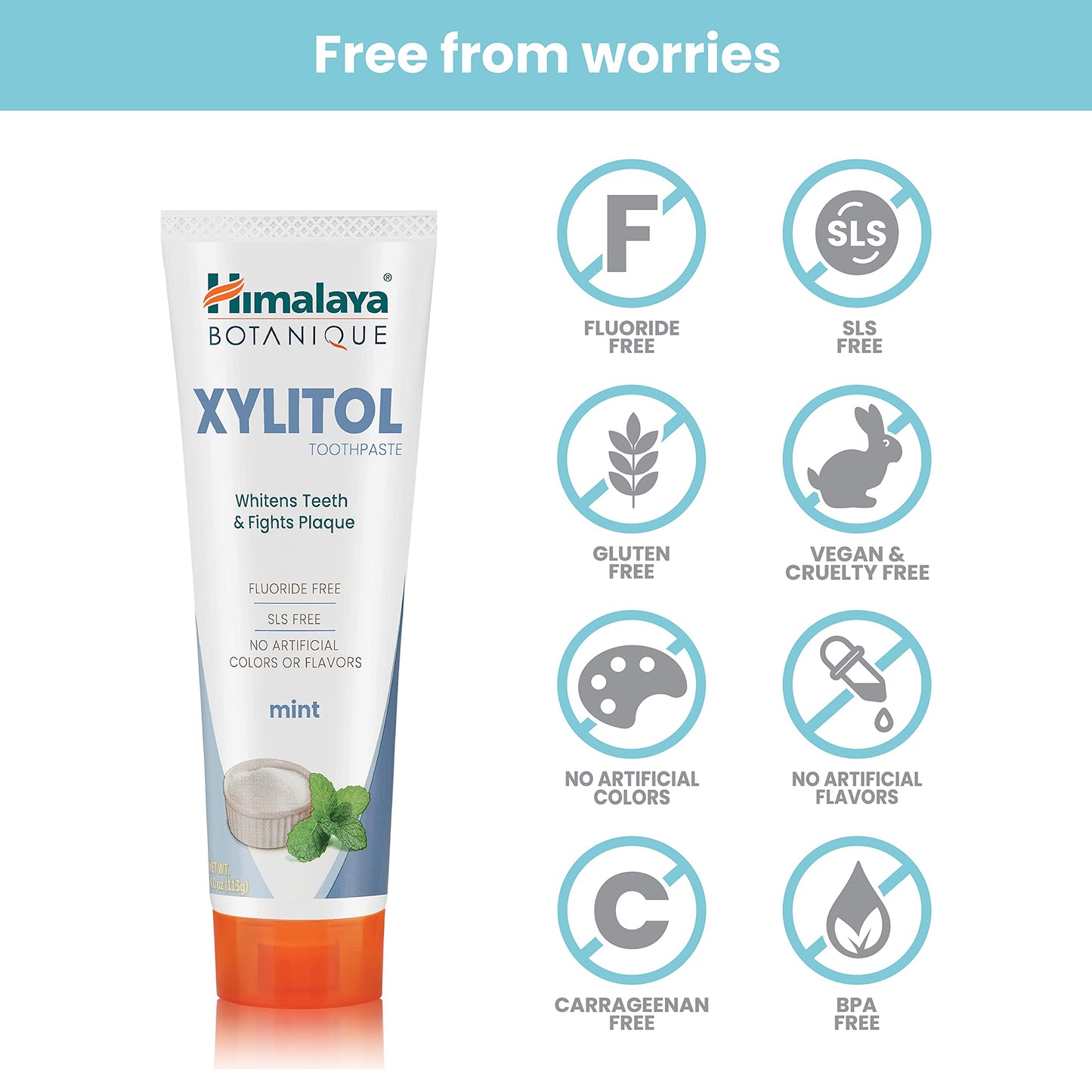 Himalaya Botanique Whitening Antiplaque Toothpaste with Xylitol – Fluoride Free, 4 oz, 2 Pack