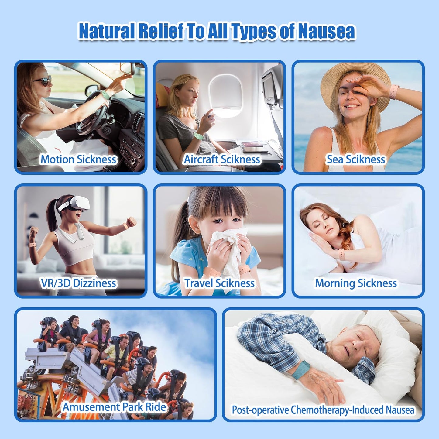 Hion Motion Sickness Wristbands - Acupressure Nausea Bands (3 Pairs: Pink Black Beryl)