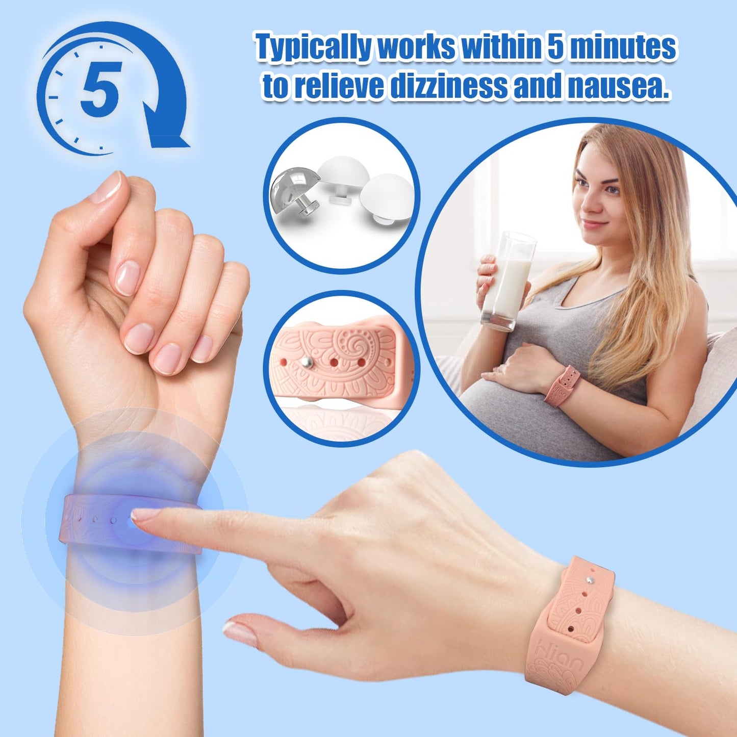 Hion Motion Sickness Wristbands - Acupressure Nausea Bands (3 Pairs: Pink Black Beryl)