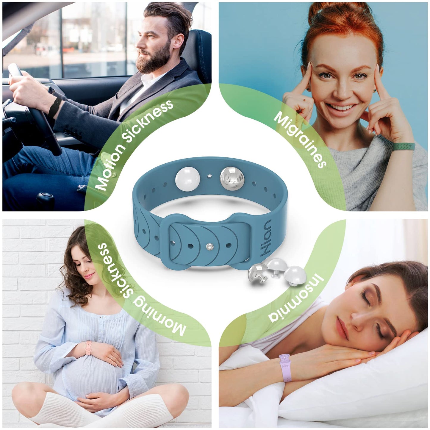 Hion Motion Sickness Bracelets – Travel Nausea Wristbands (3 Pairs, Black/Green/Transparent)