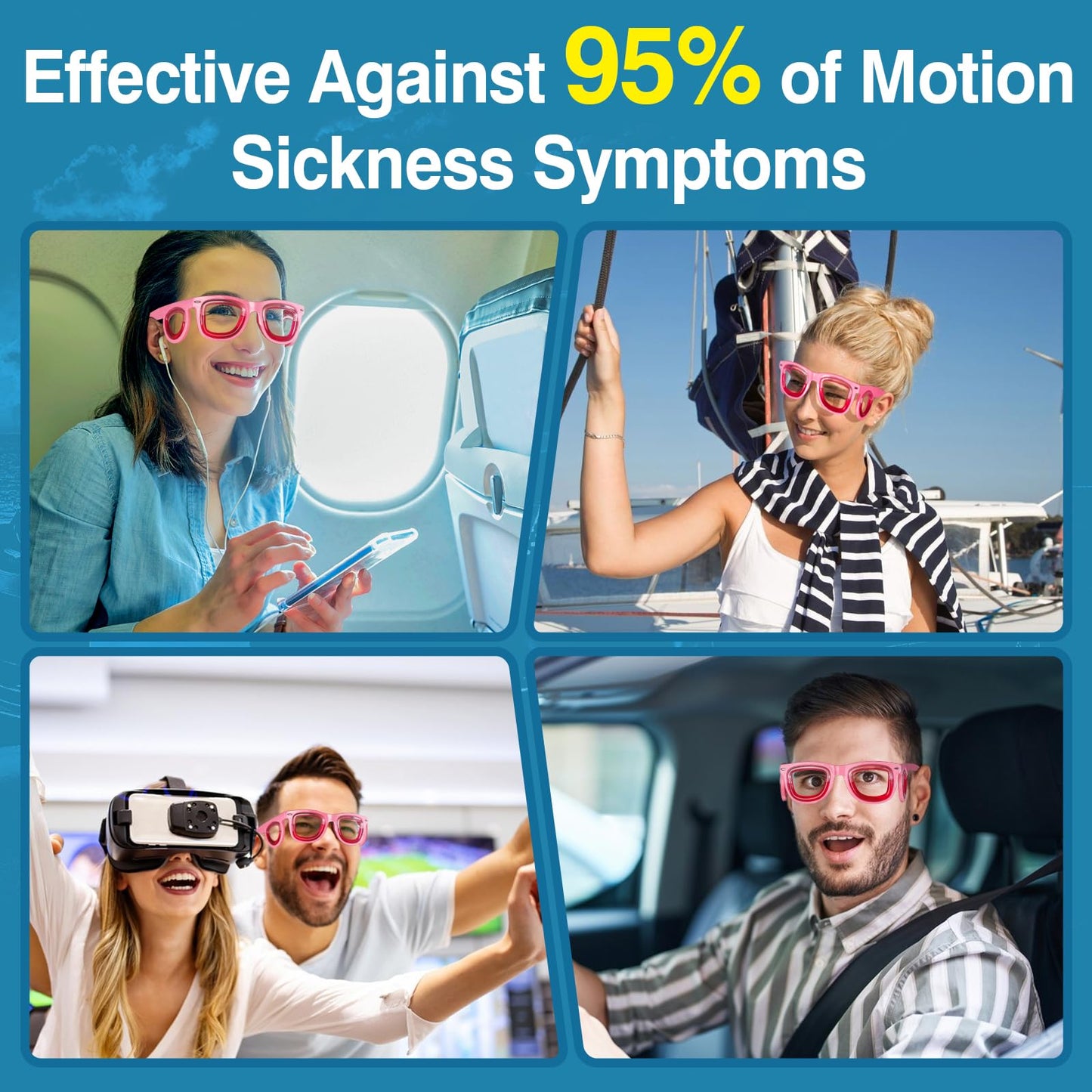 Hion 2 Pairs Adult Anti-Motion Sickness Smart Glasses - Ultra-Light Travel Relief (Pink/Black)