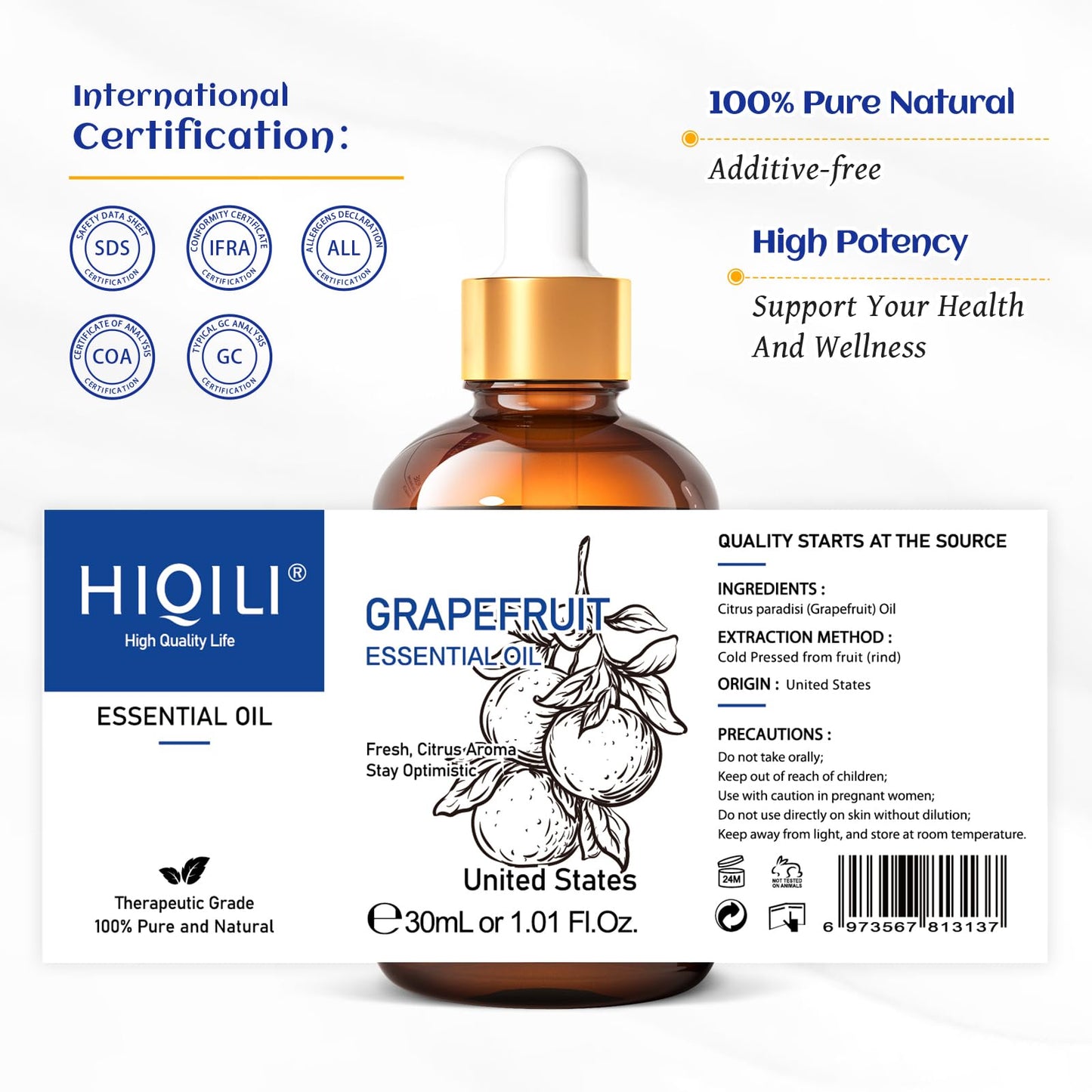 HIQILI Grapefruit Essential Oil 30 ml | Pure & Natural for Diffuser & Skin Care
