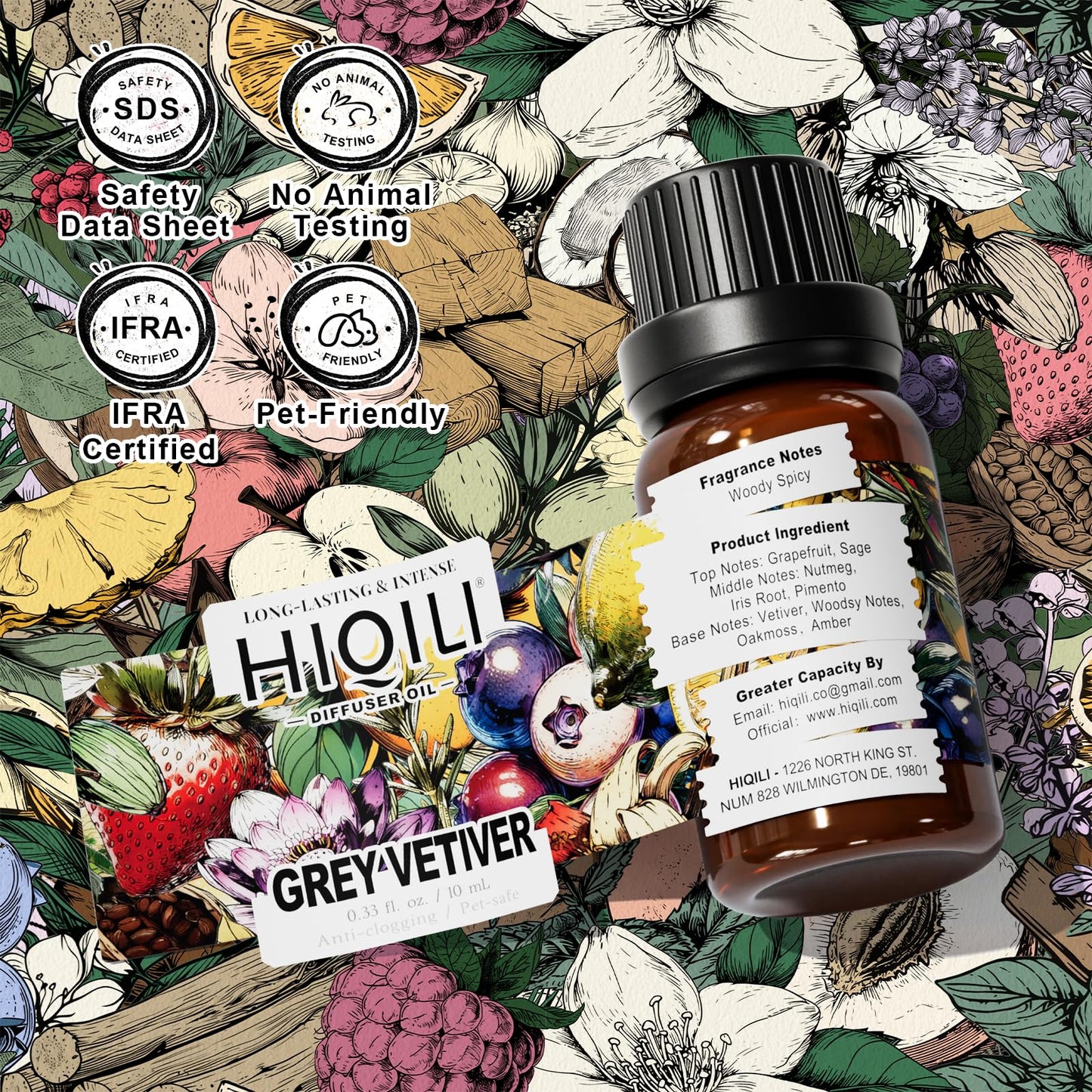 HIQILI Grey Vetiver Diffuser Oil – Fast Diffusion for Large Spaces, Pet-Safe, 0.34 Fl Oz