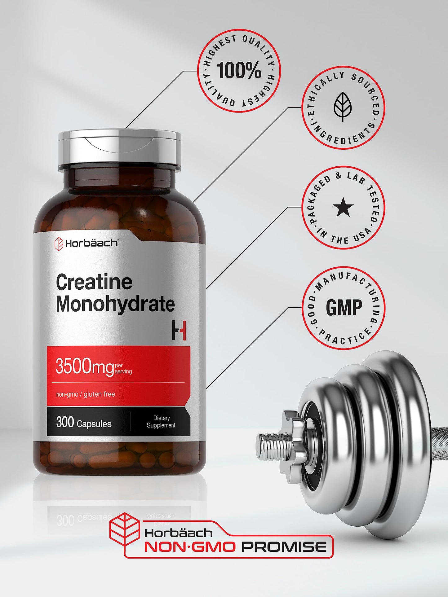 Horbäach Creatine Monohydrate Capsules - 3500mg, 300 Count | Non-GMO & Gluten Free