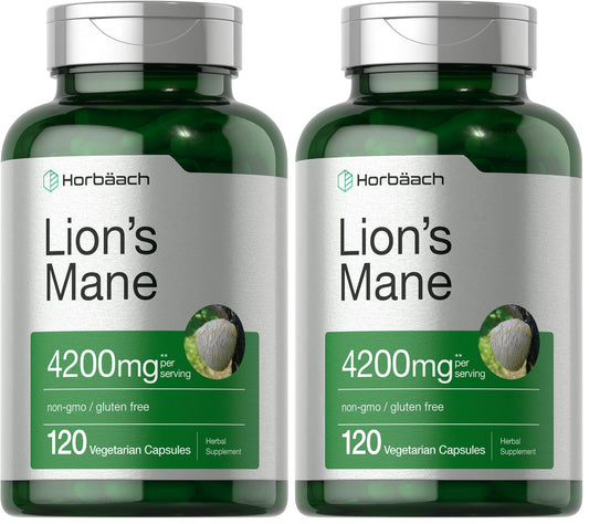 Horbäach Lions Mane Mushroom Extract 4200mg | 120 Veg Capsules | Pack of 2