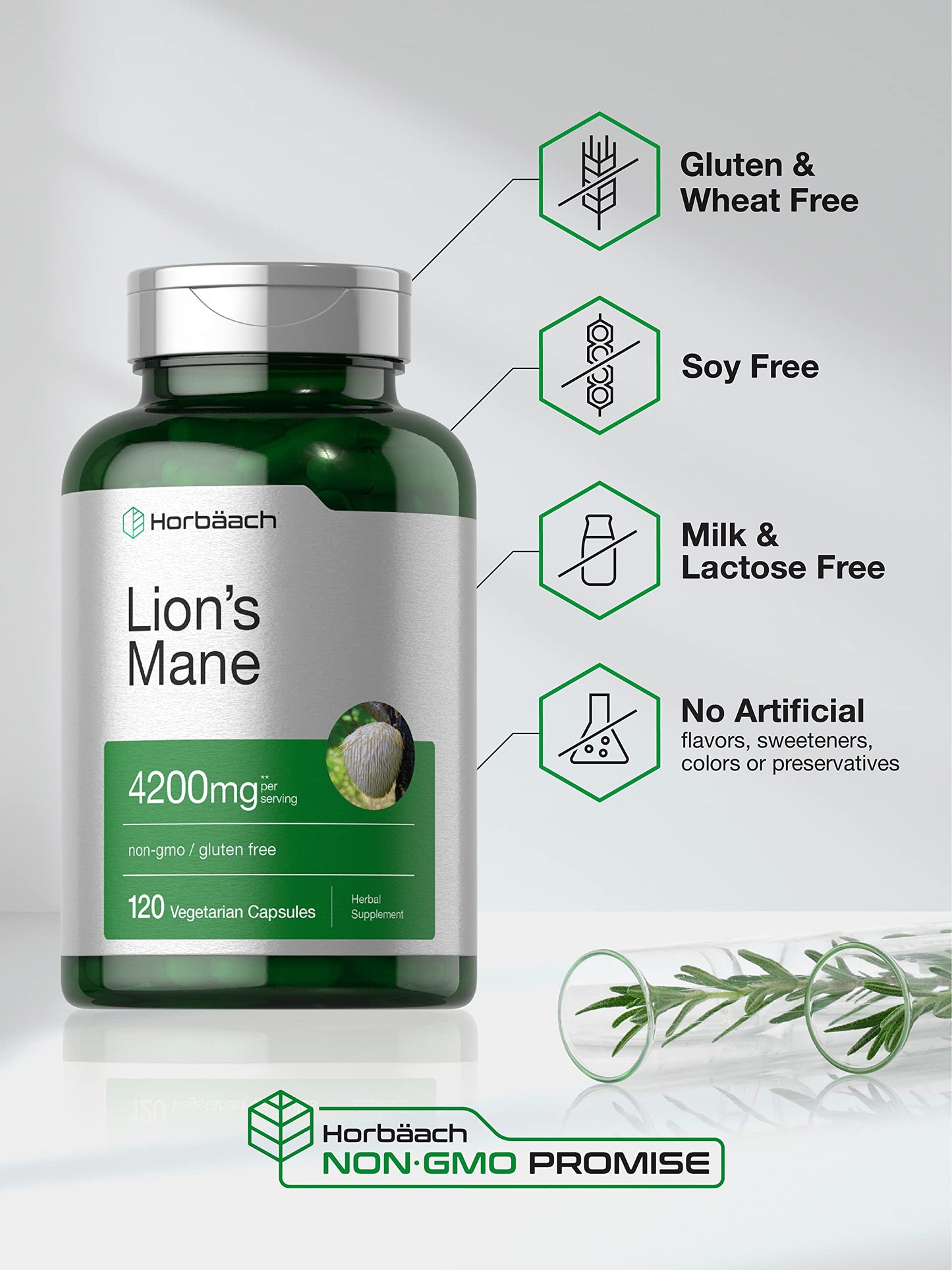Horbäach Lion's Mane Mushroom Extract 4200mg | 120 Veg Capsules | Non-GMO, Gluten Free
