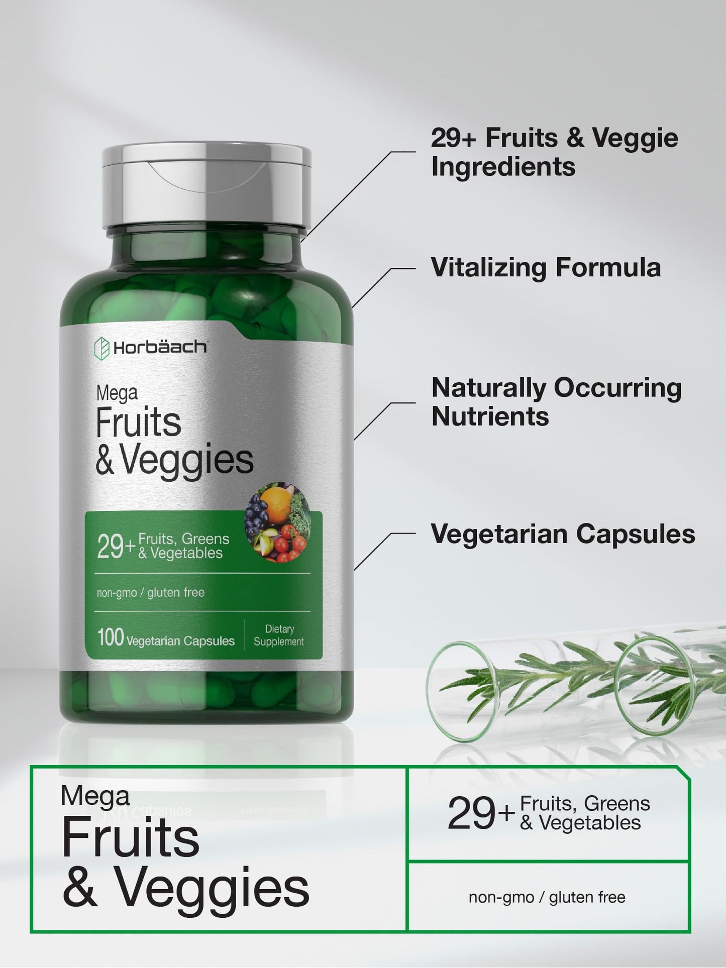 Horbäach Mega Fruits & Veggies Supplement | 100 Capsules | Vegetarian, Non-GMO, Gluten Free