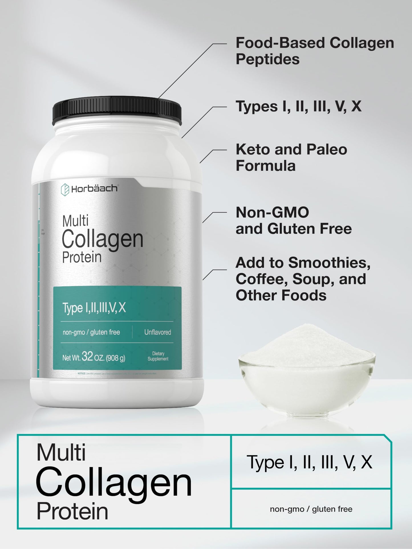 Horbaach Multi Collagen Protein Powder 32 oz | Types I-V-X, Unflavored, Gluten Free