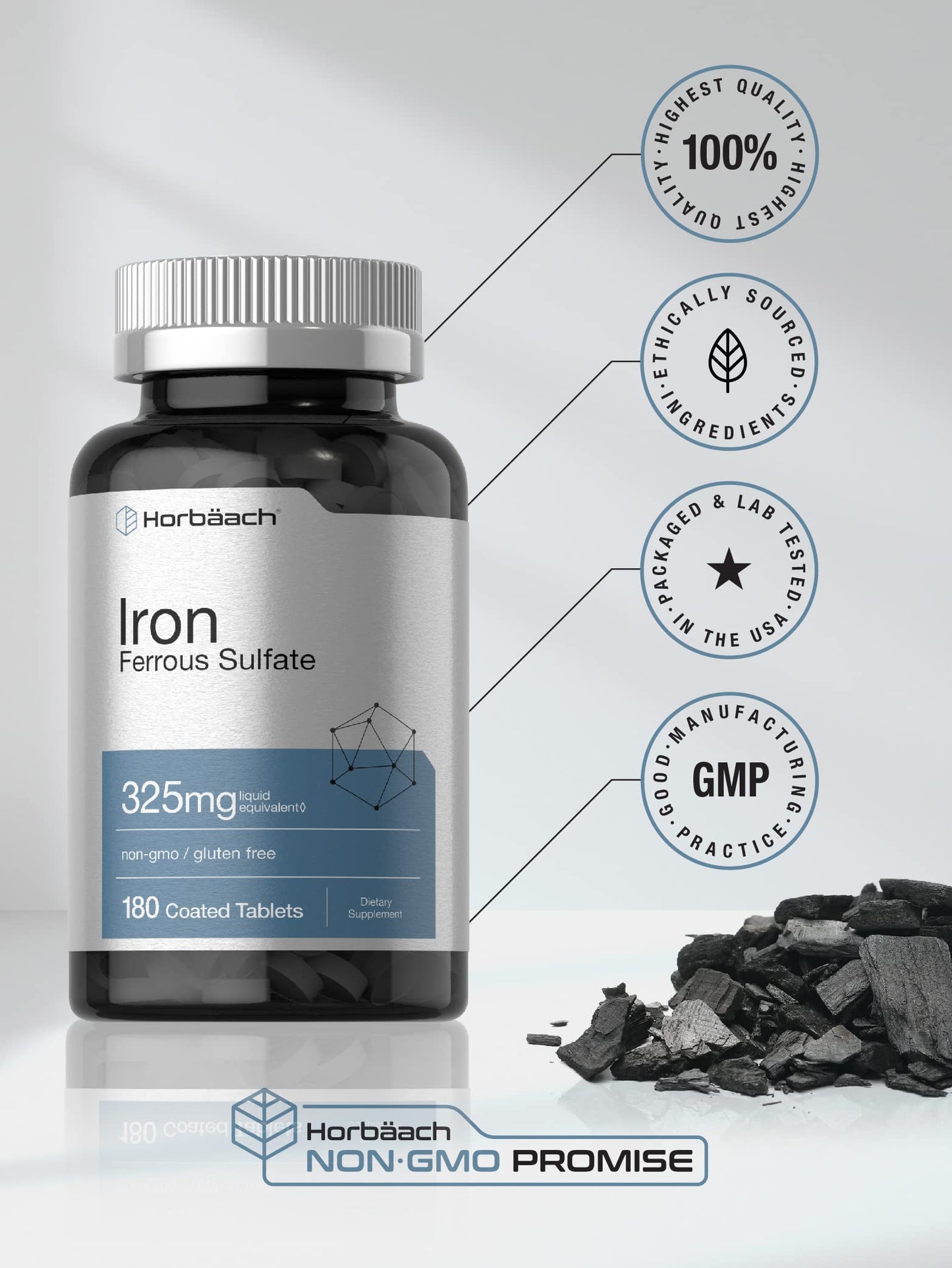 Horbäach Iron Ferrous Sulfate 325mg – 180 Count | Vegetarian, Non-GMO & Gluten Free