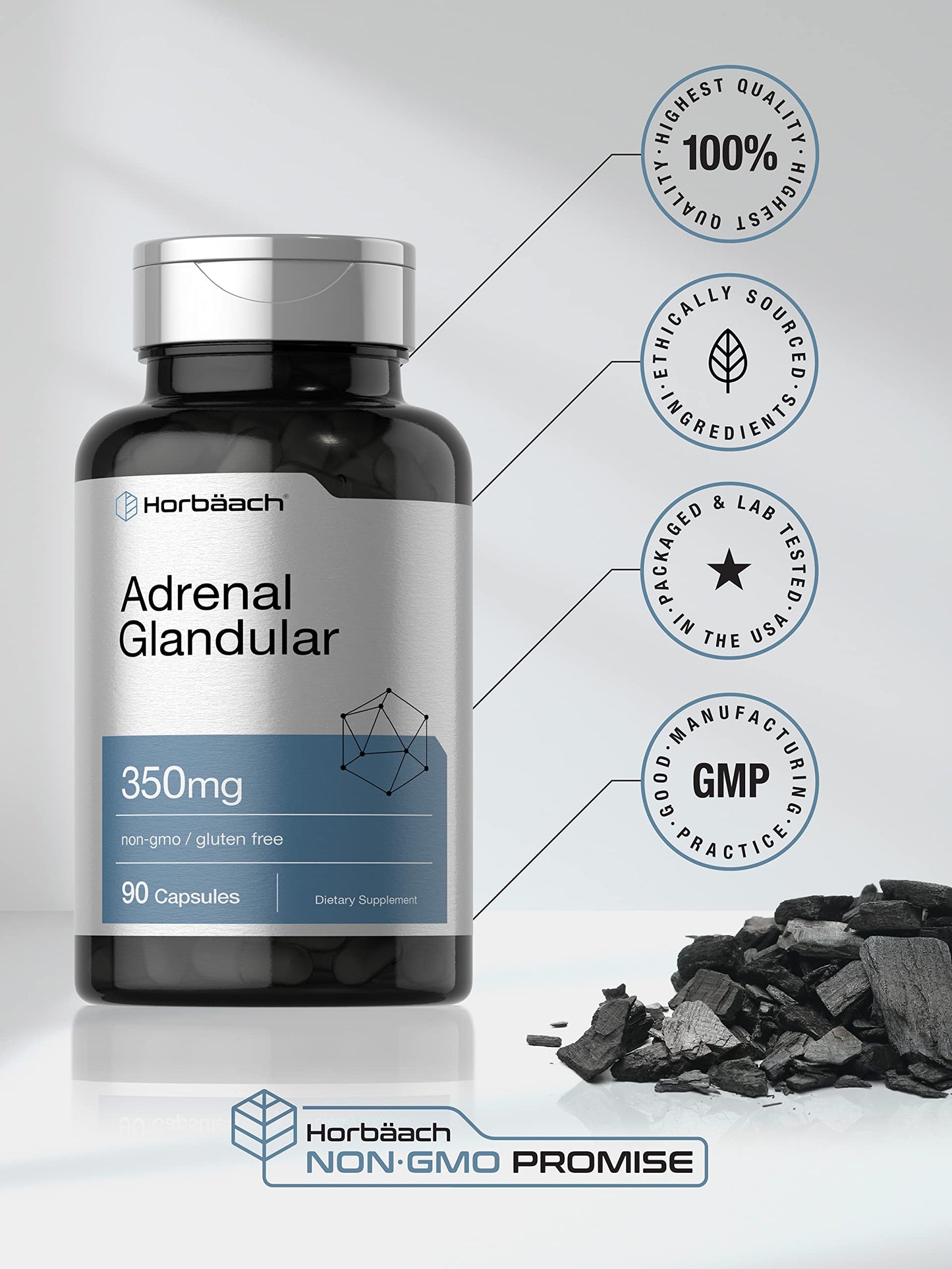 Horbäach Raw Adrenal Glandular 350 mg | 90 Capsules | Non-GMO, Gluten Free