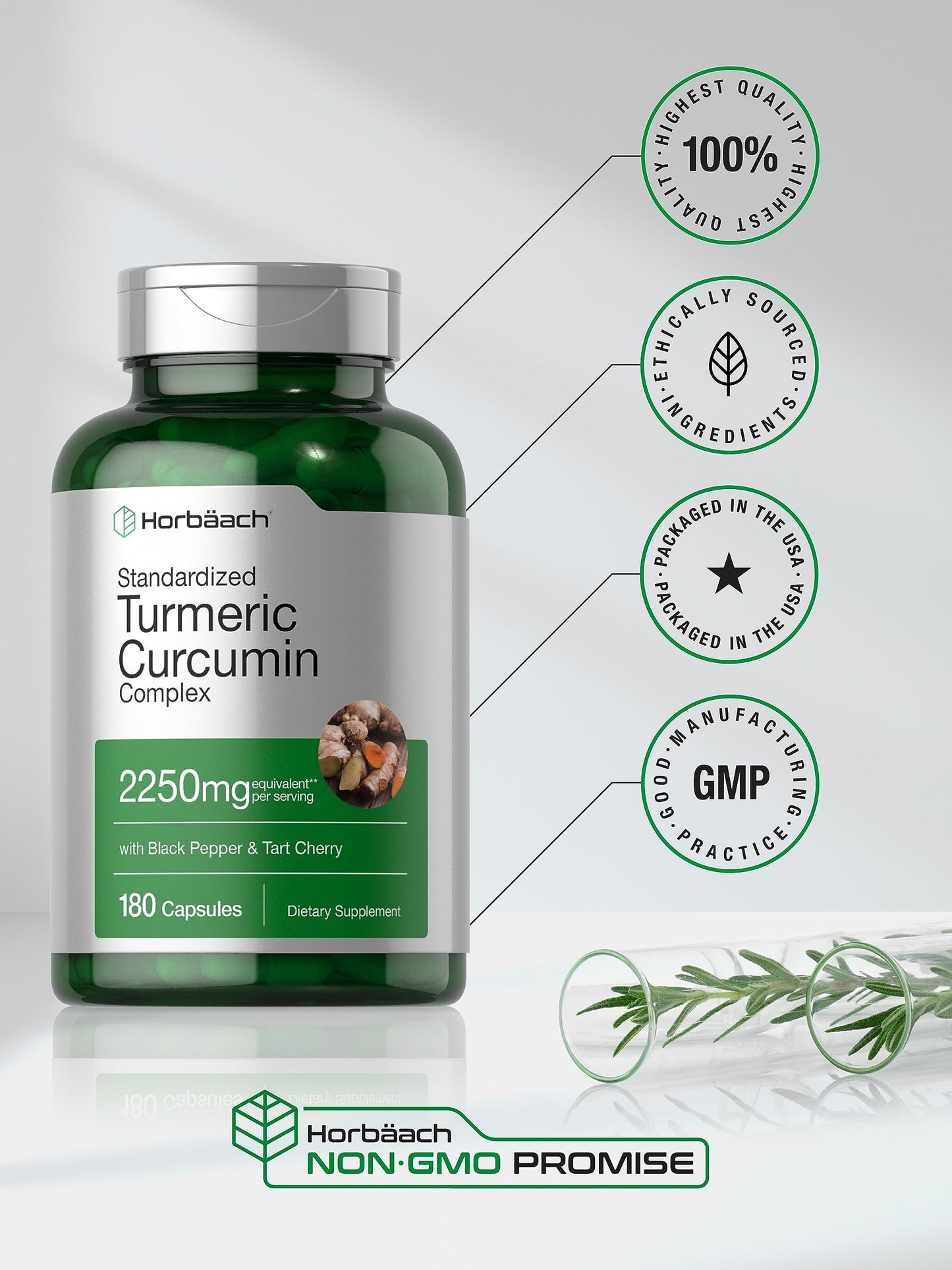 Horbaach Turmeric Curcumin 2250mg - 180 Capsules | Black Pepper & Tart Cherry, Non-GMO, Gluten Free