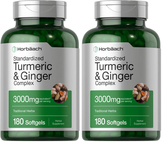 Horbäach Turmeric & Ginger 3000 mg Softgels (180) - Black Pepper - Non-GMO (Pack of 2)