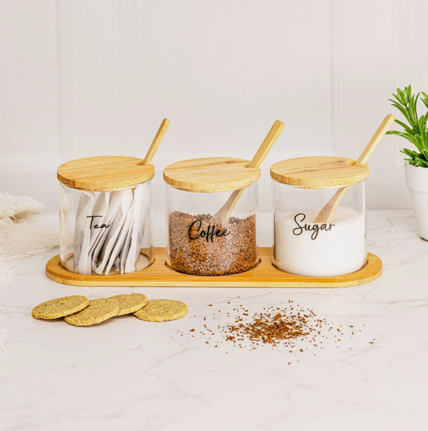 3 Glass Jar Kitchen Station Set with Wooden Tray