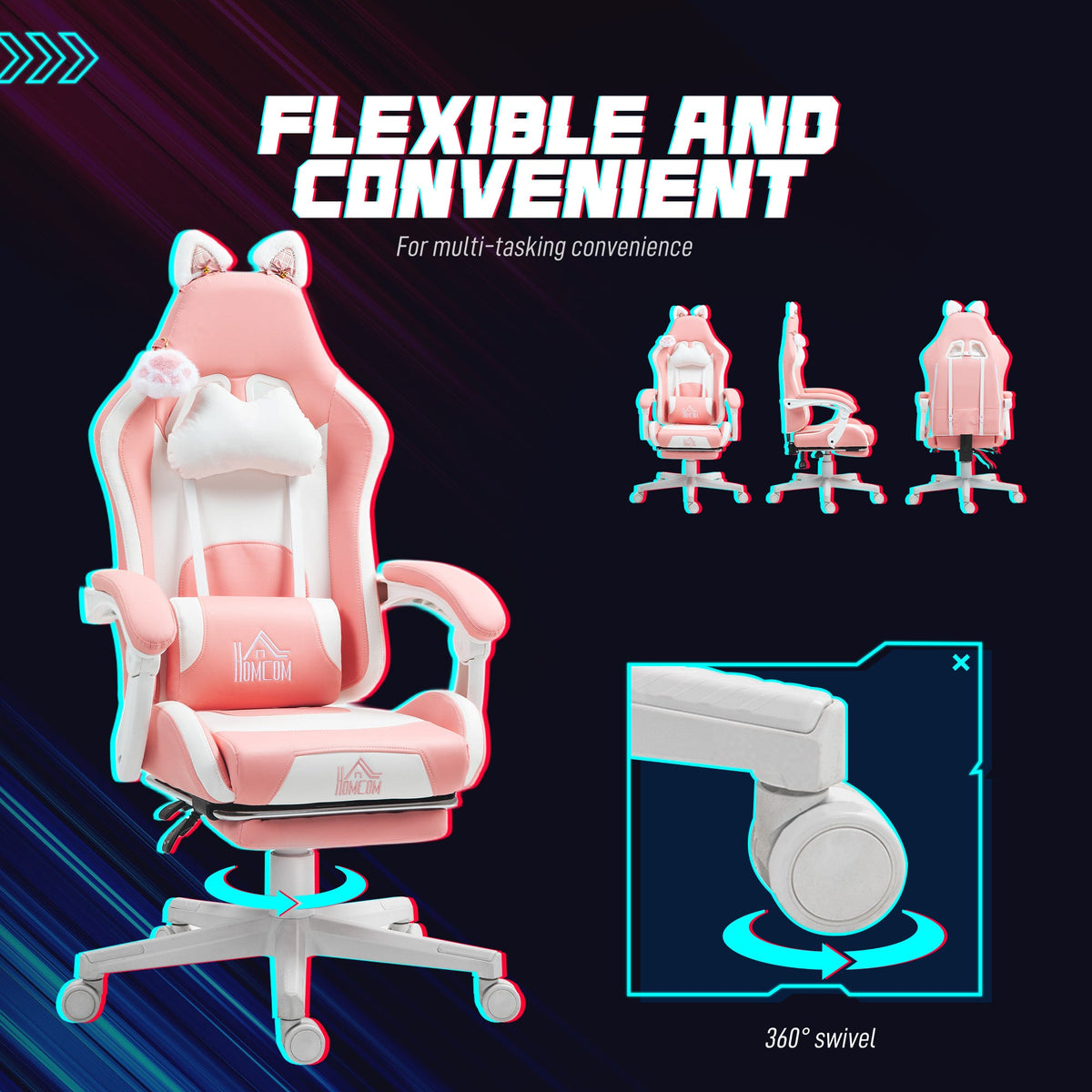 HOMCOM Gaming Chair with Footrest, Reclining Computer Chair, Pink