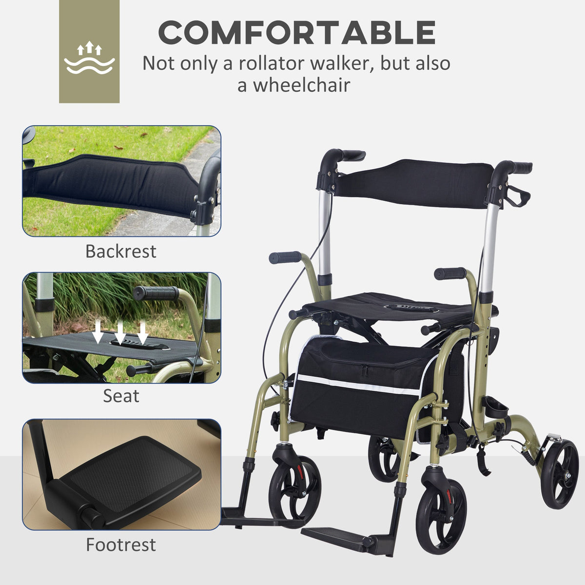 HOMCOM 2 in 1 Wheelchair & Folding Rollator Walker Combo, Yellow-green