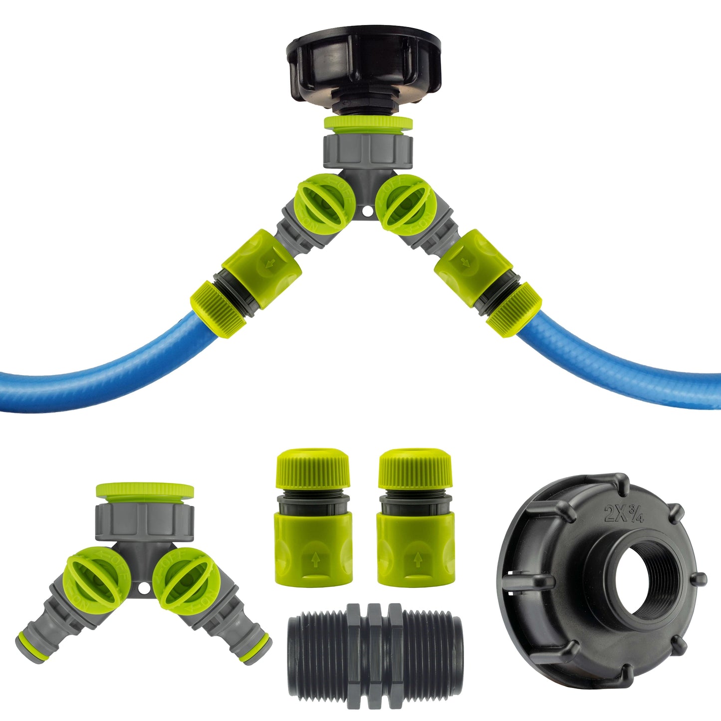 IBC 2 S60X6 Cap with Two Way Valved Splitter and Hose Connector Water Connector