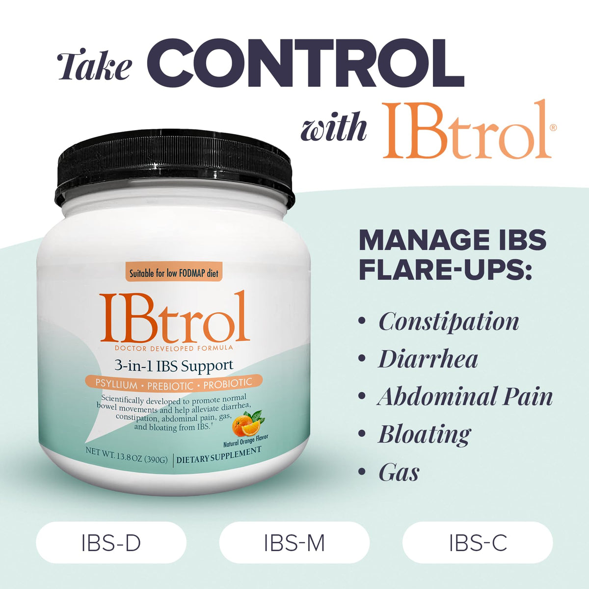 IBtrol 3-in-1 IBS Gut Health Supplement – Psyllium, Prebiotic & Probiotics | 60 Servings, Natural Orange