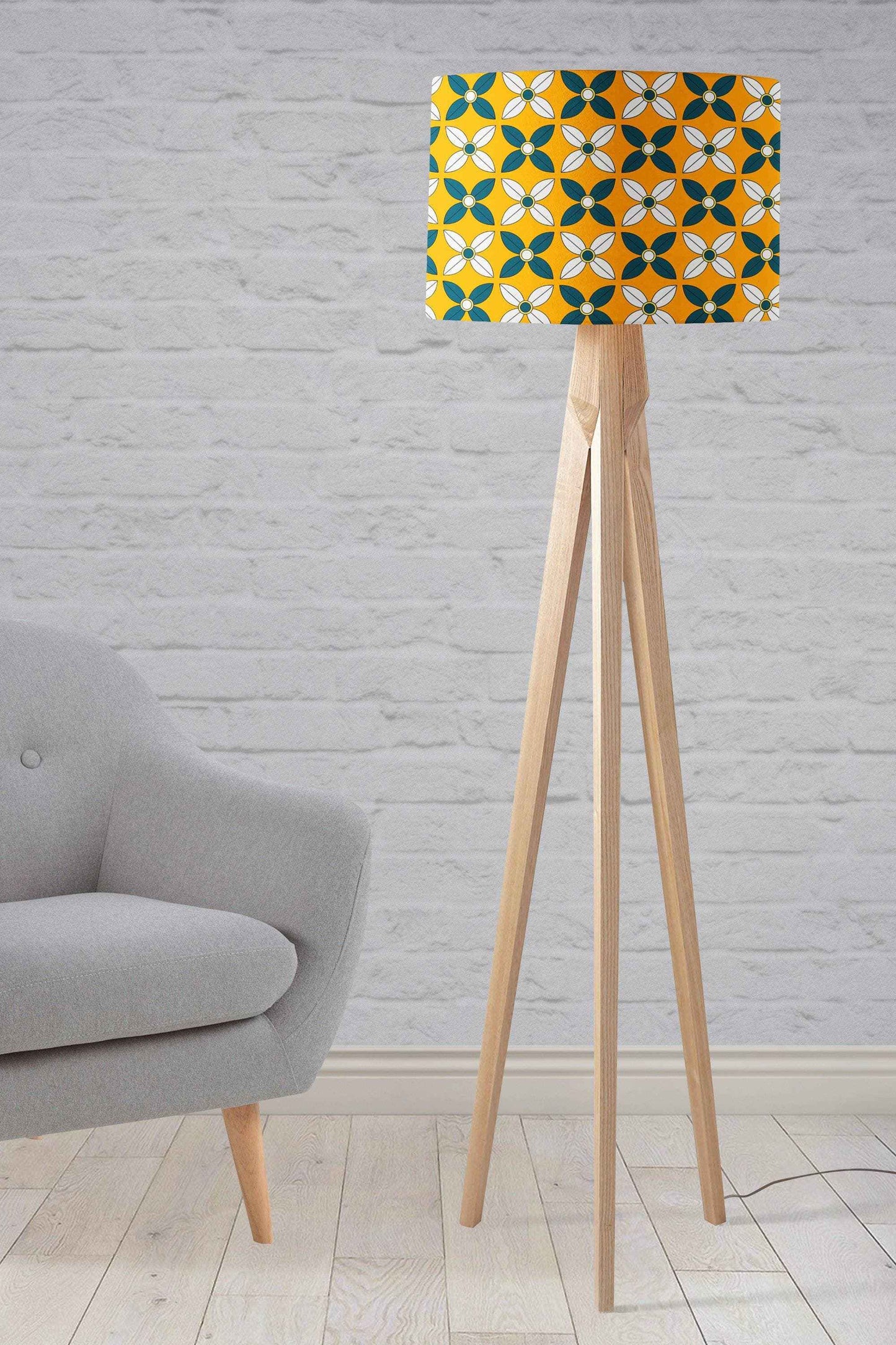 Yellow Lampshade with a  Retro Blue and White Design, Ceiling or Table Lamp Shade