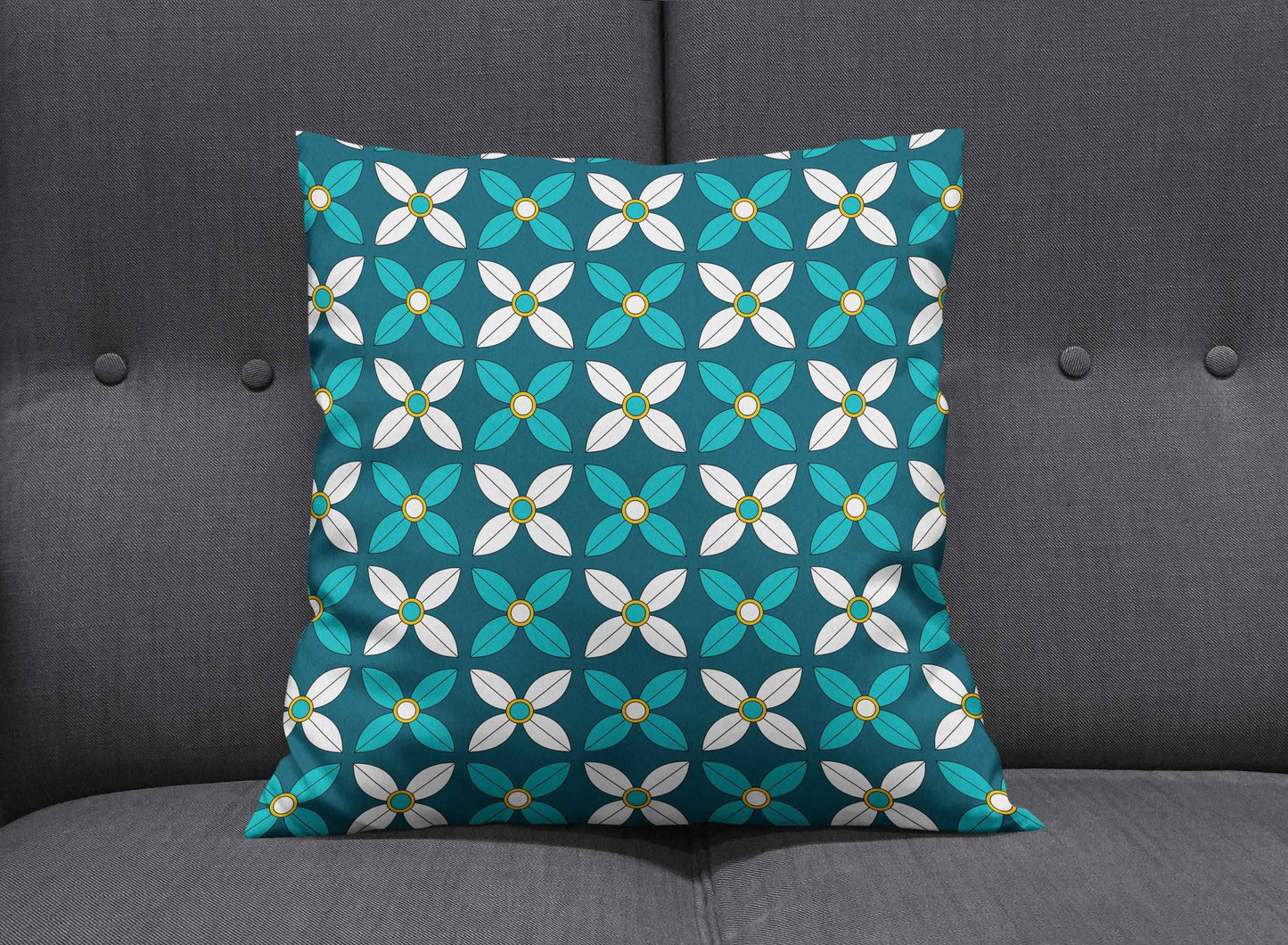 Dark Blue Cushion with White and Blue Geometric Floral Design, Throw Pillow