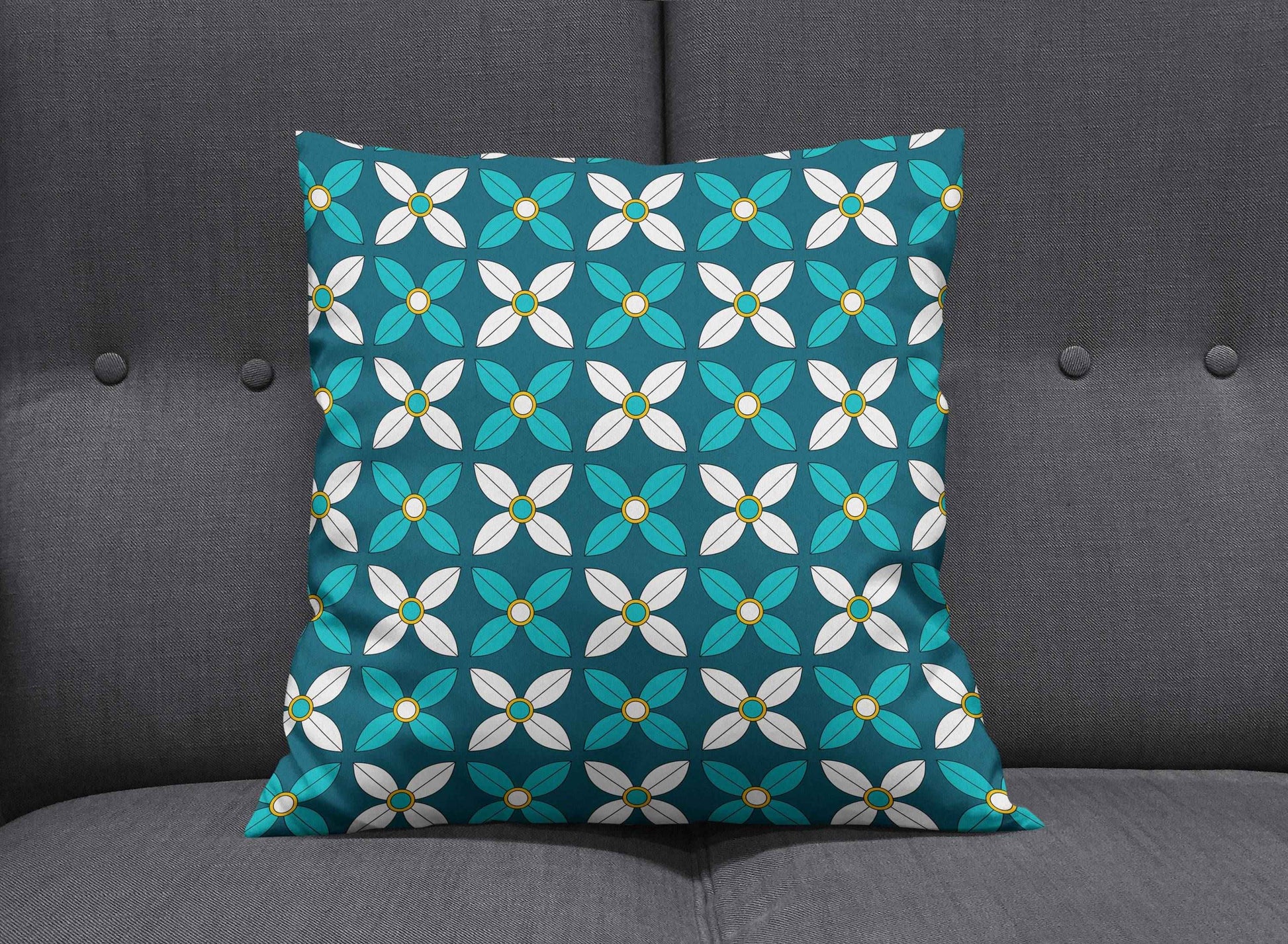 Dark Blue Cushion with White and Blue Geometric Floral Design, Throw Pillow